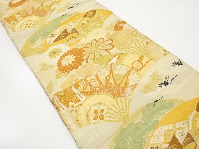 アンティーク　扇に鶴・古楽器・貝合わせ模様織り出し織り出し丸帯（材料）